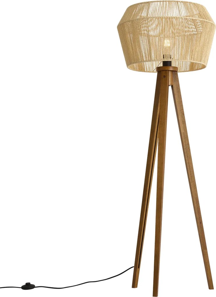 Lampă de podea din lemn vintage cu abajur din sfoară de hârtie maro 50/50/30 - Trepied Clasic