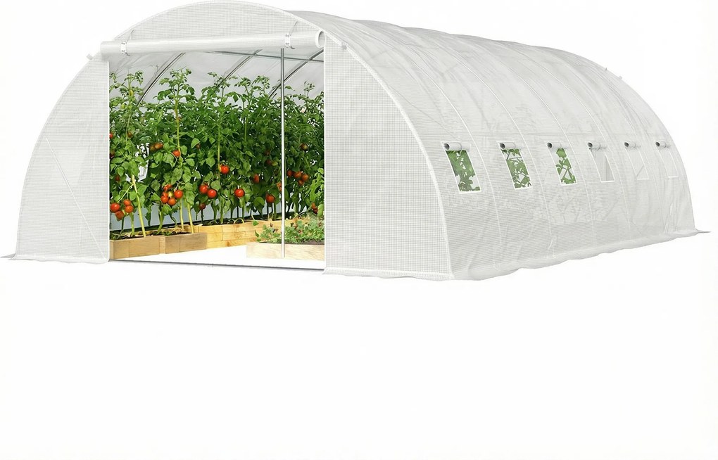 Outsunny Seră tunel cu 2 bare de susținere, 2 uși rulante și ferestre cu plasă, învelitoare din PE anti-UV, alb | Aosom Romania