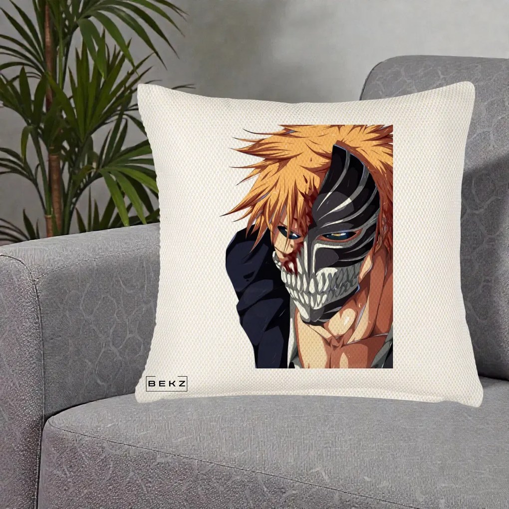 Perna Personalizata Bleach Ichigo Masca Hollow, 40x40 cm, Crem Reliefat, Husa Detasabila, Perna Inclusa, BEKZ®