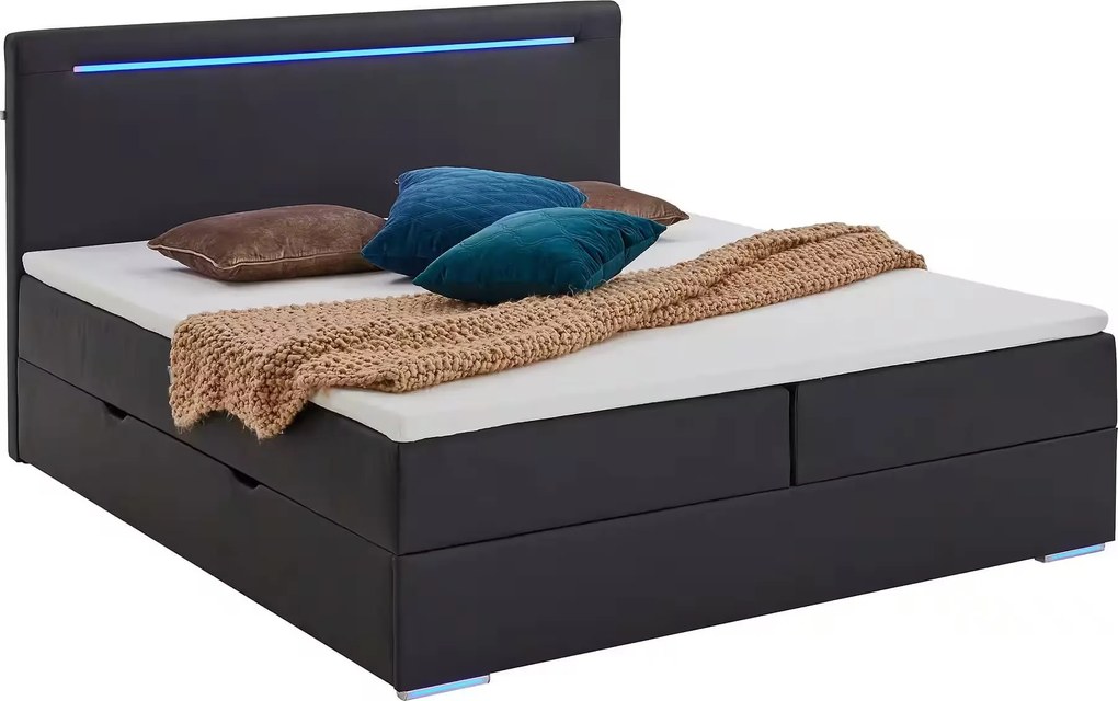 Boxspring 180x200 cm, lada de depozitare, saltele și topper inclus, material piele artificială, culoare neagră, cu LED-uri