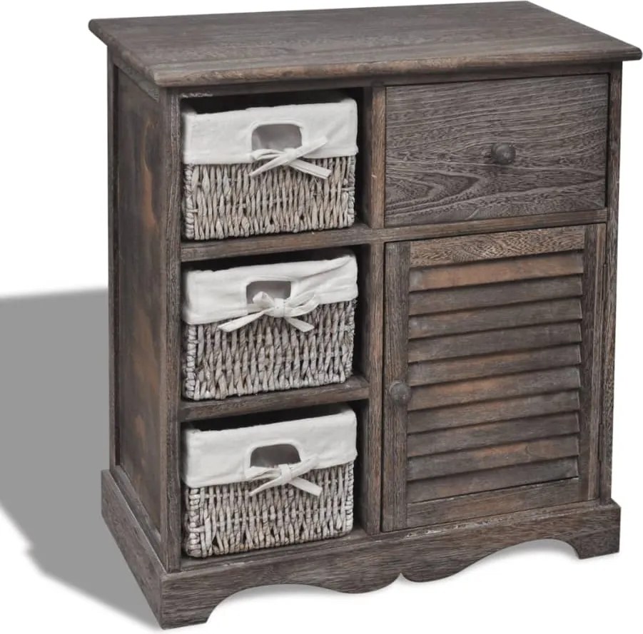 vidaXL Dulap din lemn, 3 coșuri împletite pe partea stângă, maro