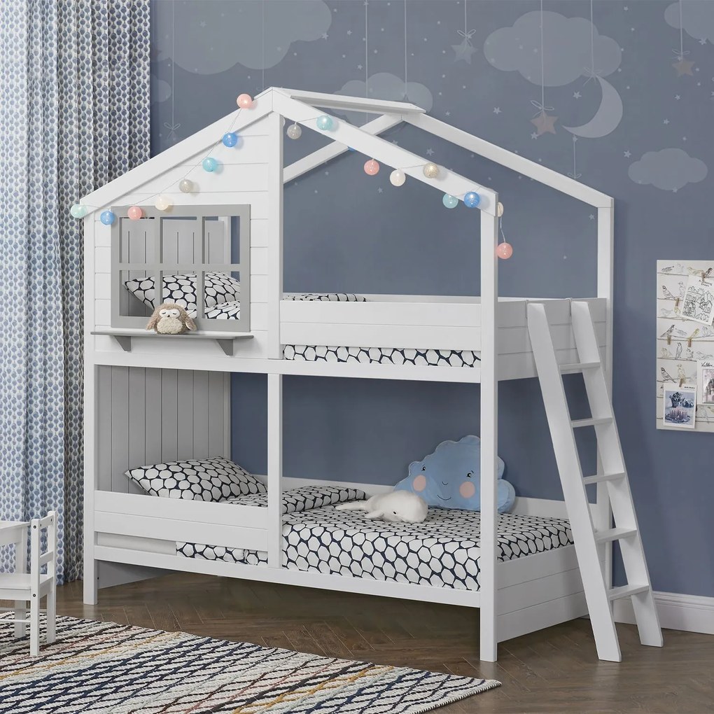 Pat supraetajat pentru copii Dream House 90 x 200 cm cu 2 paturi si o scara