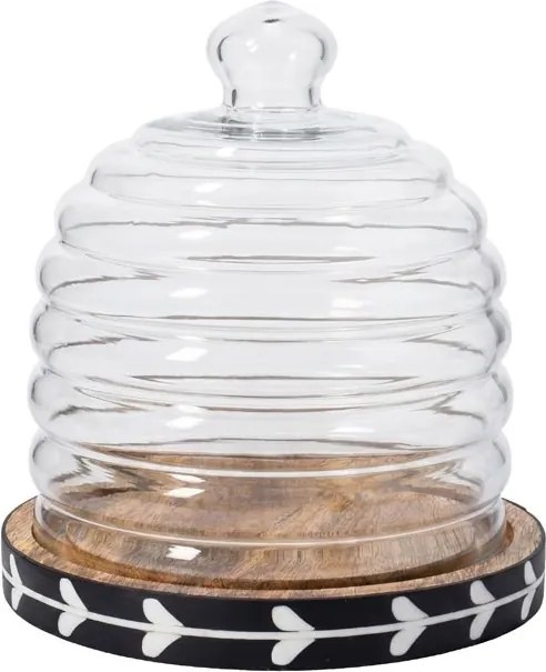 Platou cu capac clopot din sticlă și lemn de mango, negru și natur, clopot în formă de stup, model cu frunze albe, lucrat manual, 23 x 24 cm, „Sylve”