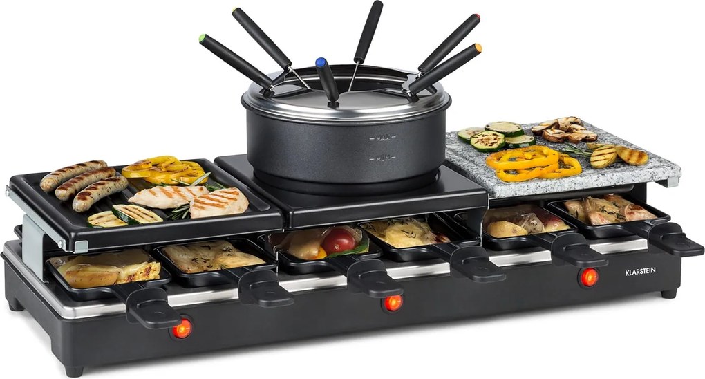 Klarstein Fonduelette XL, 3 în 1 raclette grill & fondue, piatră naturală, 1650 W, 12 Persoane