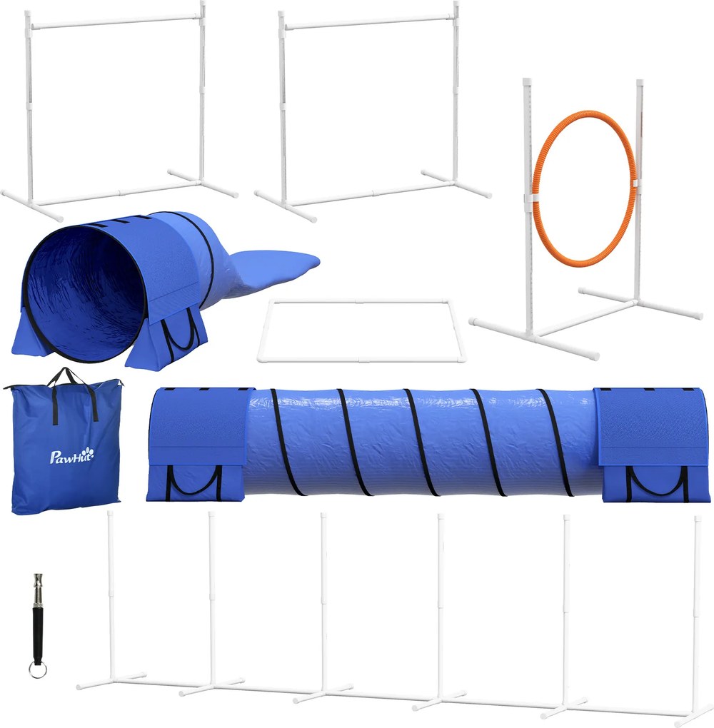 PawHut Echipament de Agilitate pentru Caini cu 7 Piese, Inel de Sărituri, Obstacol, Tuneluri, 67x63x93 cm, Albastru | Aosom Romania