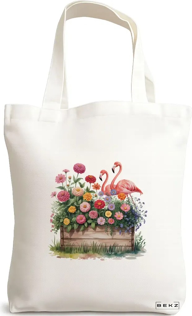 Sacosa de Panza pentru Cumparaturi, Geanta Tote, model Flamingo 6 38 x 34.5 cm, Alba, BEKZ®