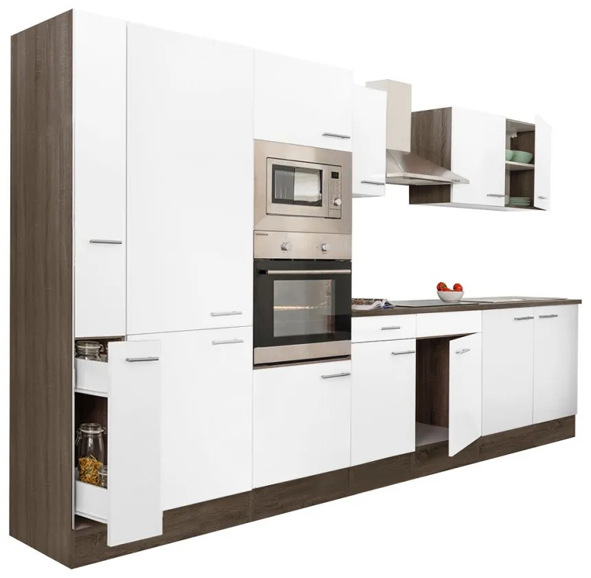 Mobilier de bucătărie Yorki 360, corp din stejar Yorki, față alb satinat, dulap cu raft