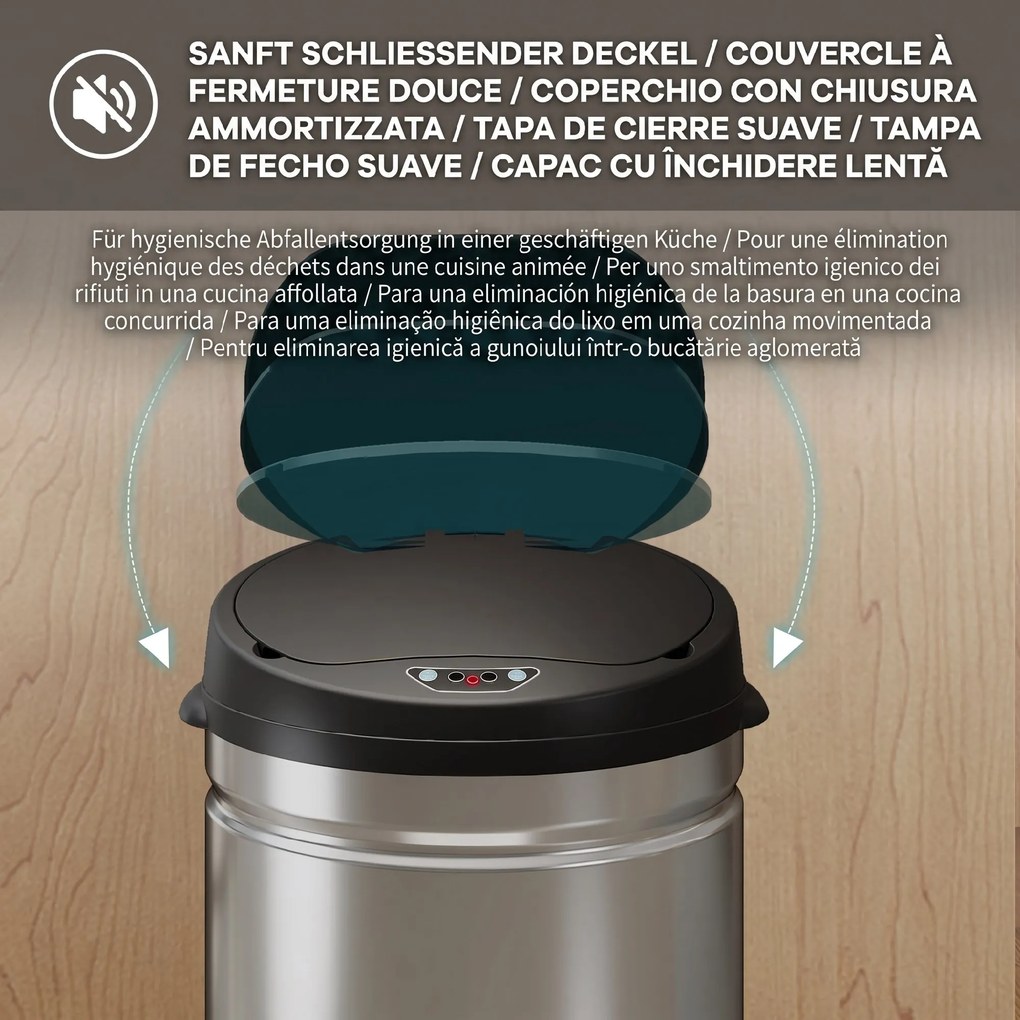 Coș de gunoi HOMCOM de 42L cu Senzor de Mișcare și Deschidere Automată, din Oțel Inoxidabil și ABS, 30.5x30.5x68 cm, Negru și Argintiu | Aosom Romania