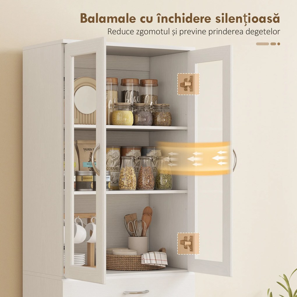 HOMCOM Dulap de Bucătărie Înalt 180 cm cu Uși din Sticlă Soft-Close, Sertar și 2 Dulapuri, Polițe Reglabile, Alb | Aosom Romania