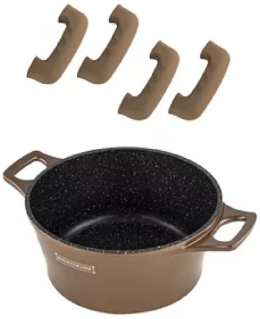 Set oale si tigai cu capace 17 piese Royaly Line ES 2014M, maro, antiaderente, marmorate, inductie, manere detasabile