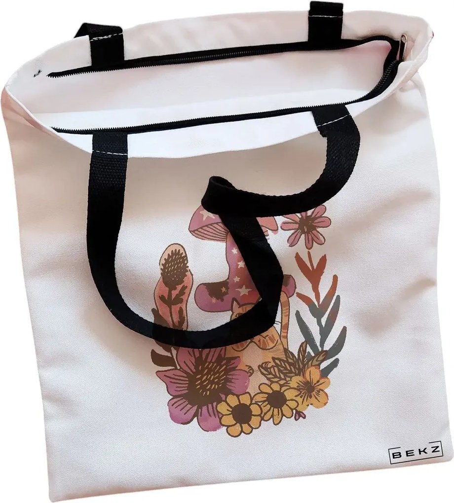Sacosa de Panza pentru Cumparaturi, Geanta Tote, Colorful Mushrooms 7, Cu fermoar, 38x34.5 cm, Alba, BEKZ®