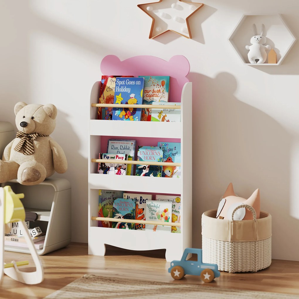 AIYAPLAY Bibliotecă pentru Copii 3 Rafturi în Formă de Ursuleț 55x15x110 cm, Roz | Aosom Romania