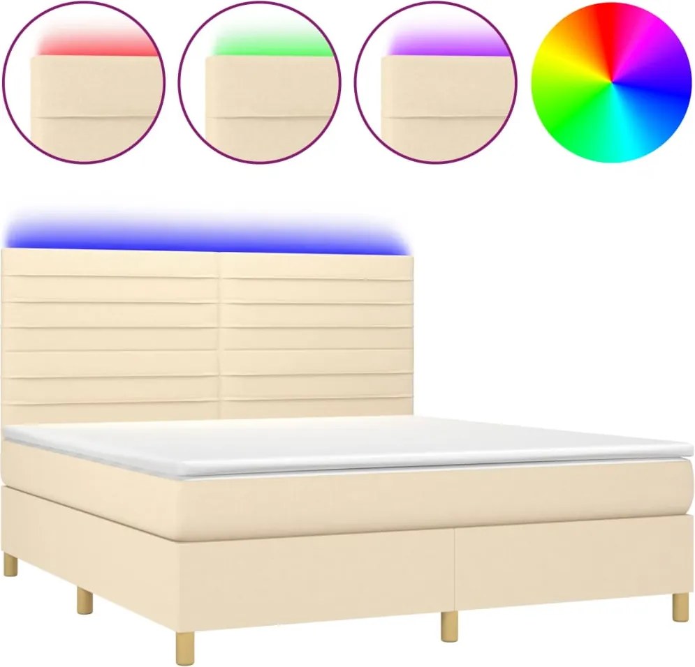 vidaXL Pat cu arcuri, saltea și LED, crem, 160x200 cm, textil