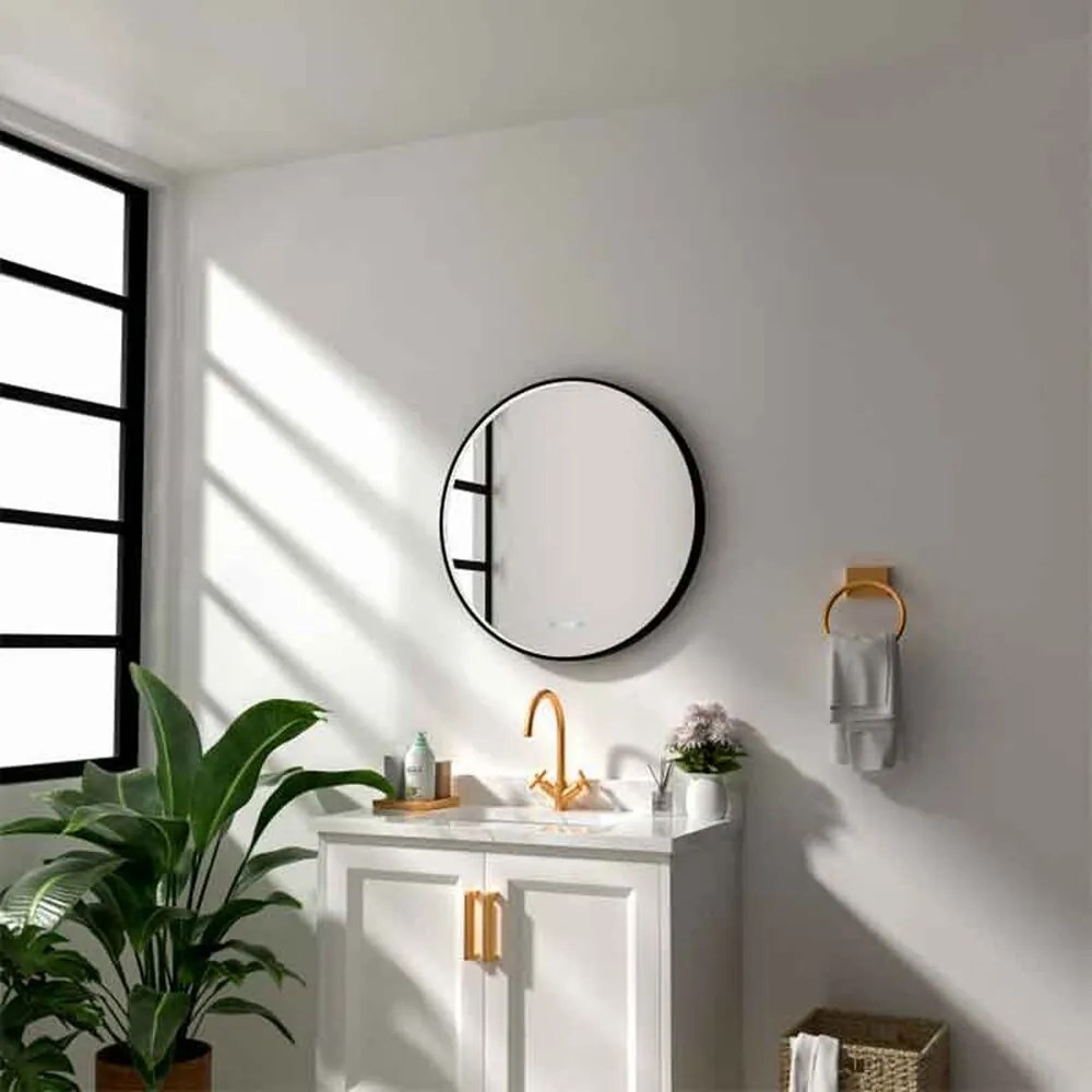 Oglinda cu iluminare si dezaburire Fluminia Aster cu afisare ora 80 cm finisaj negru mat