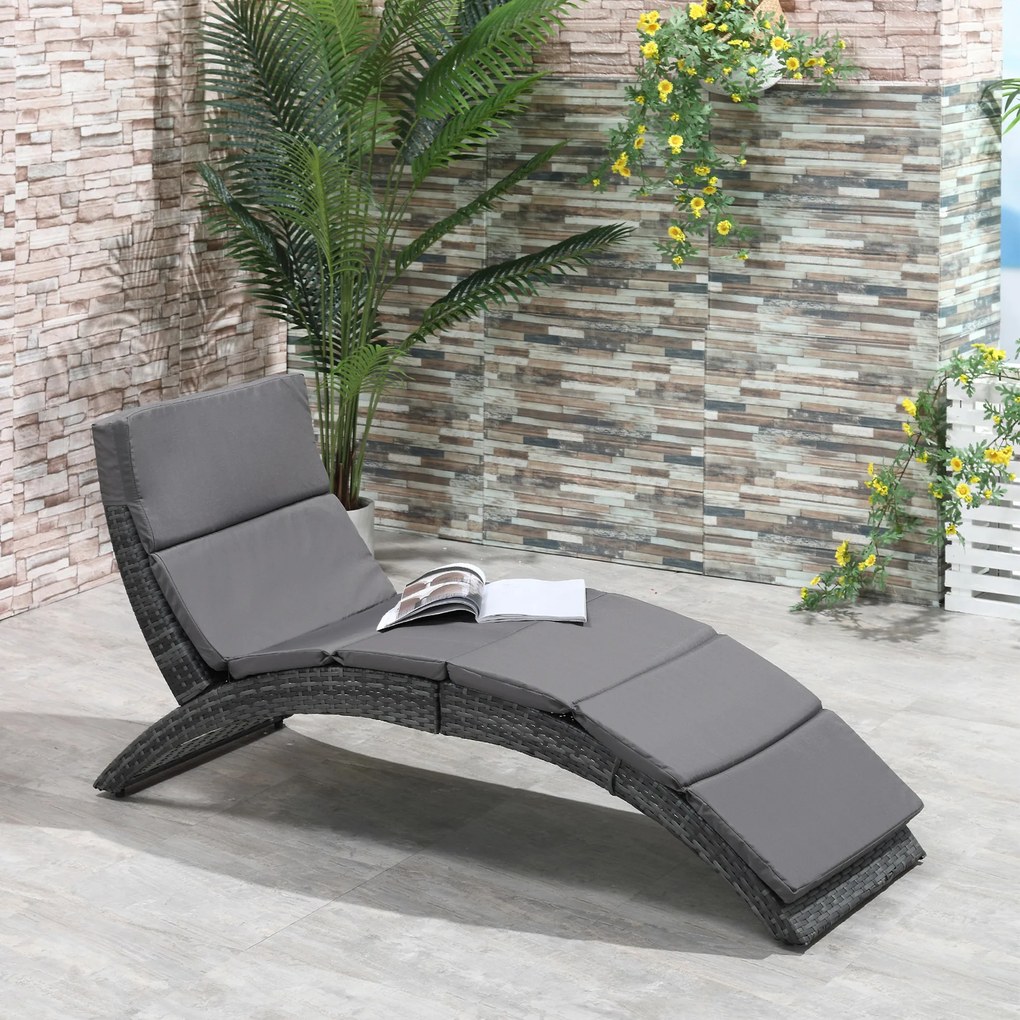 Outsunny Șezlong de Grădină Pliabil din Ratan PE, Șezlong Curbat Ergonomic cu Pernă pentru Terasă și balcon, 59x156x78 cm, Gri | Aosom Romania