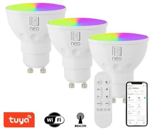 SET 3x bec LED RGB dimabil Immax NEO 07724CDO GU10/6W/230V Wi-Fi Tuya + telecomandă