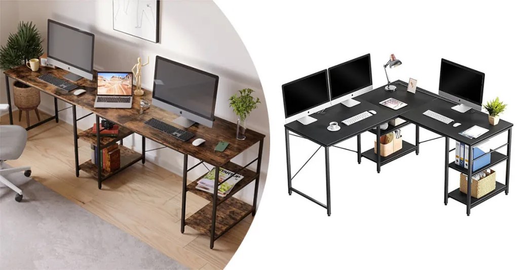 Birou in forma de L, cu rafturi, transformabil, negru