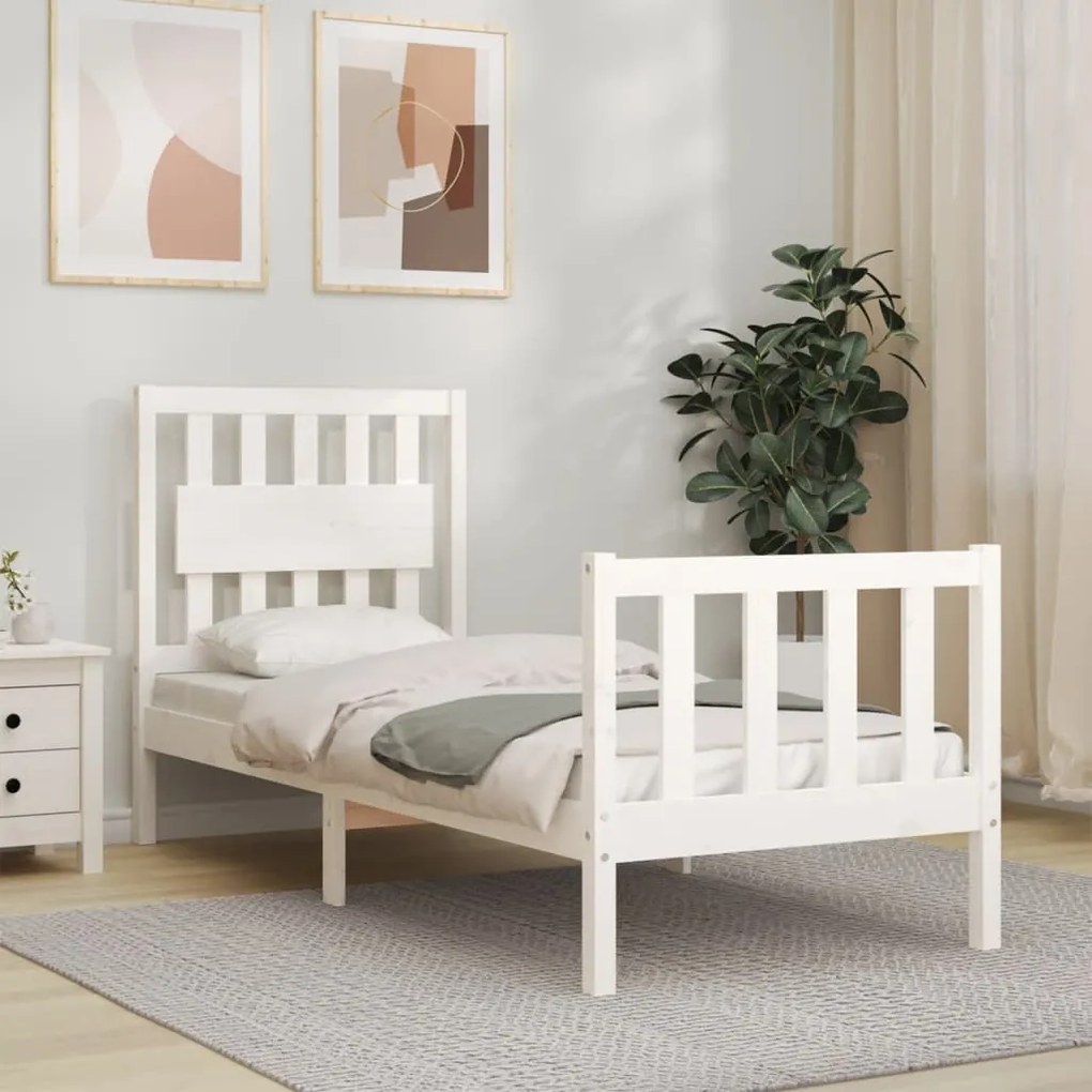 3192387 vidaXL Cadru de pat cu tăblie single mic, alb, lemn masiv