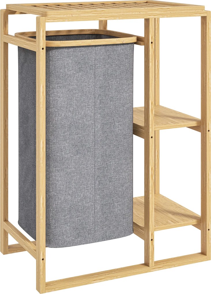 HOMCOM Coș Portabil pentru Rufe cu Sac Detașabil, Dulap Portabil pentru Rufe cu Rafturi din Bambus, 50x32x70 cm, Gri | Aosom Romania