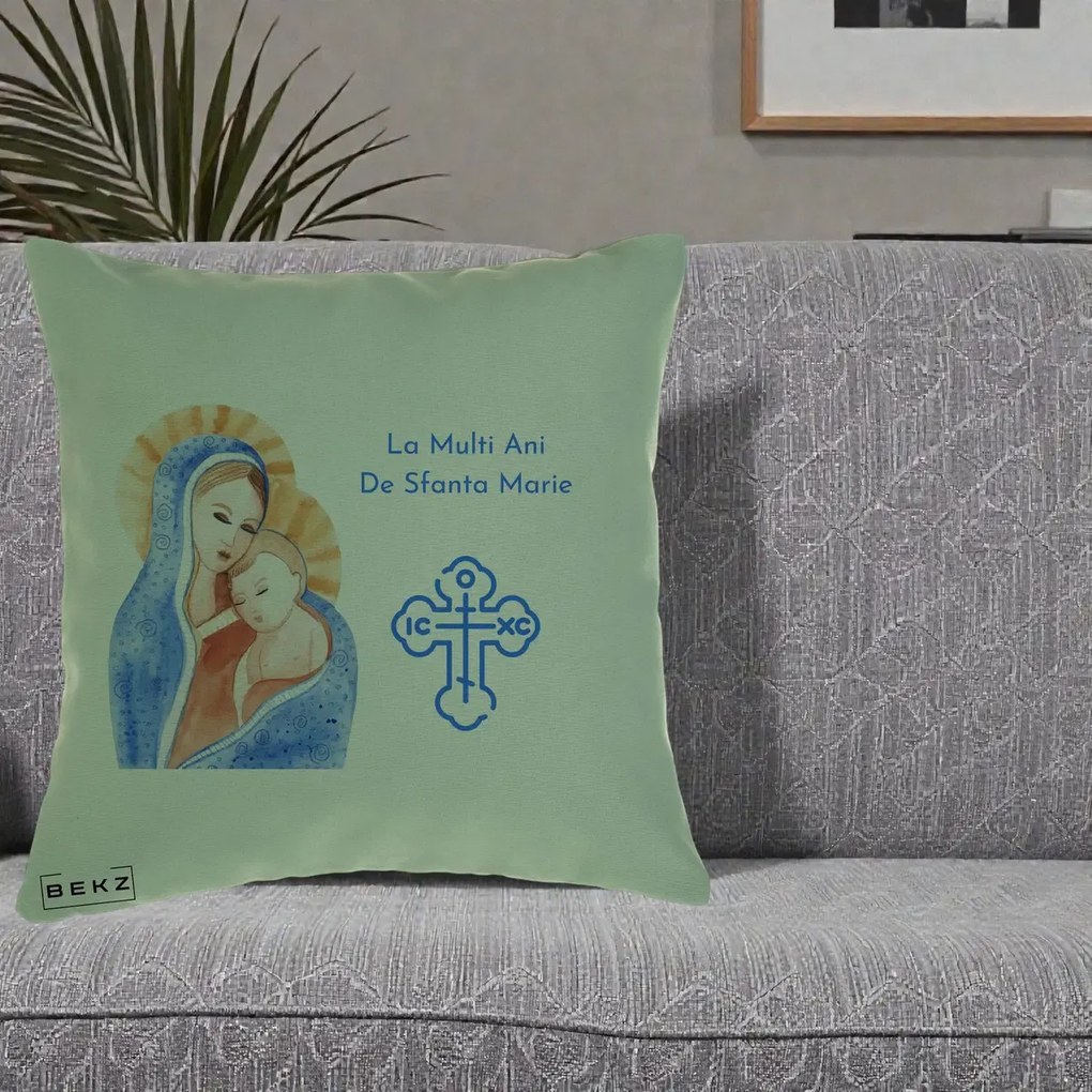Cadou de Onomastica - Perna Personalizata Sfanta Marie Icoana Acuarela, 40x40 cm, Verde, Husa Detasabila, Perna Inclusa, BEKZ®
