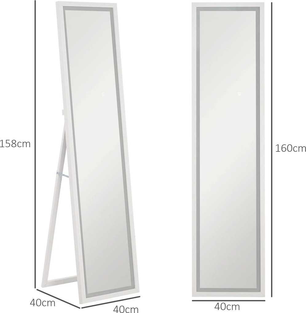 HOMCOM Oglindă Iluminată cu Lumini LED Reglabile și Buton Tactil, din Sticlă și MDF, 40x5x160 cm, Alb | Aosom Romania