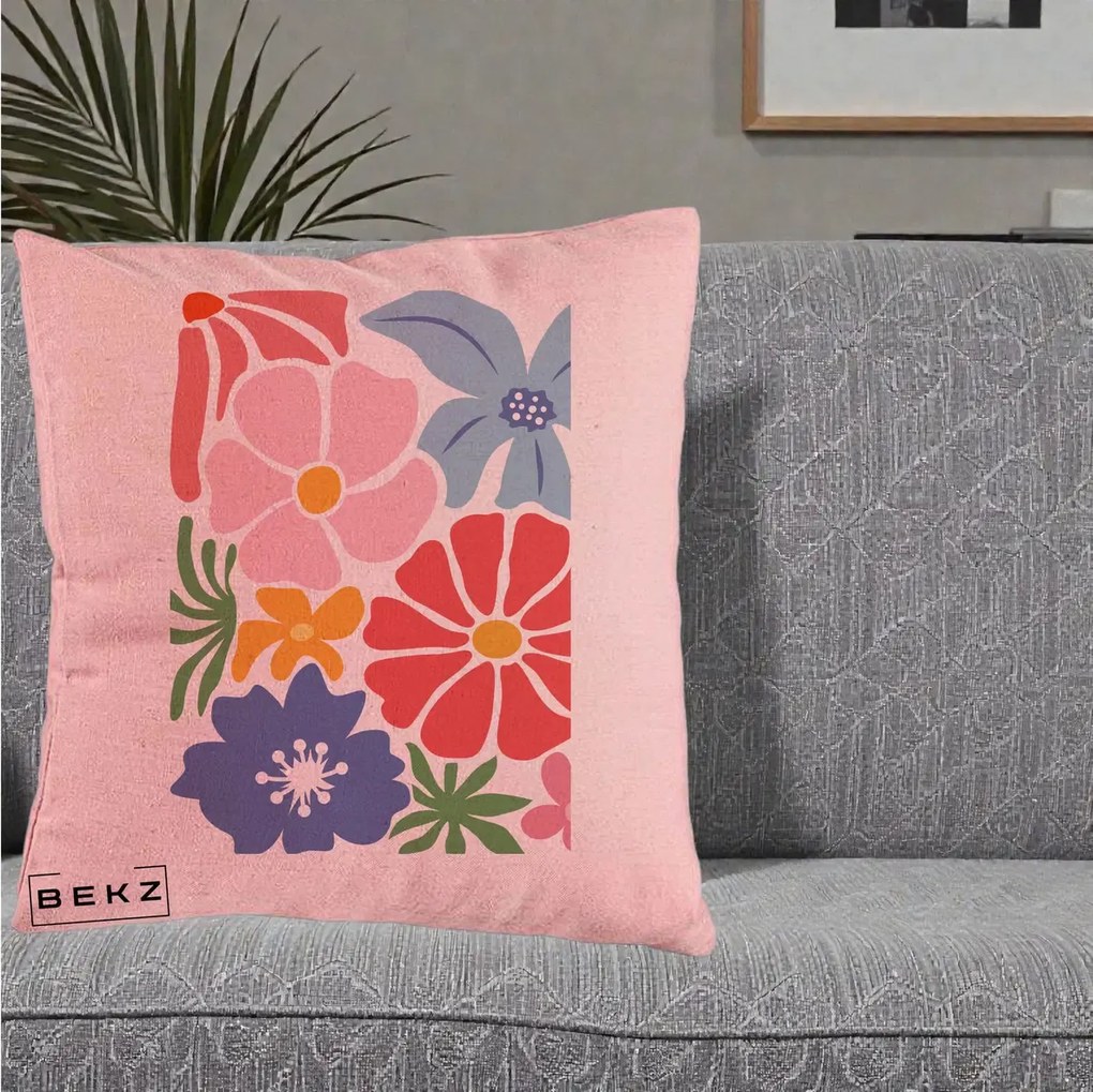 Perna Decorativa Flori Grafice Roz-Rosu-Albastru, 40x40 cm, Roz, Husa Detasabila, Perna Inclusa, BEKZ®