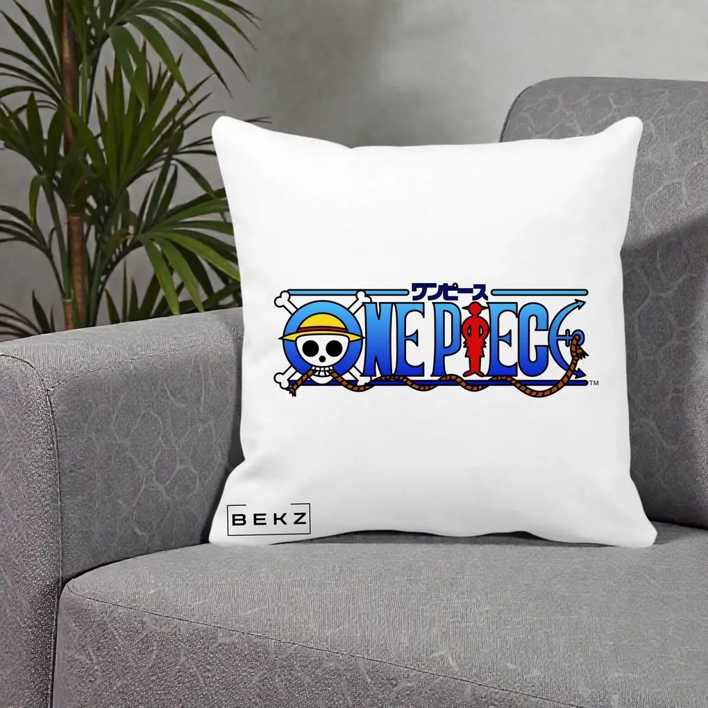 Perna Personalizata One Piece Clasic Albastru, 40x40 cm, Alba Mata, Husa Detasabila, Perna Inclusa, BEKZ®