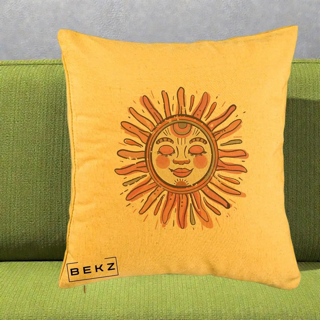 Perna Decorativa Soare Roz Tribal, 40x40 cm, Galben, Husa Detasabila, Perna Inclusa, BEKZ®