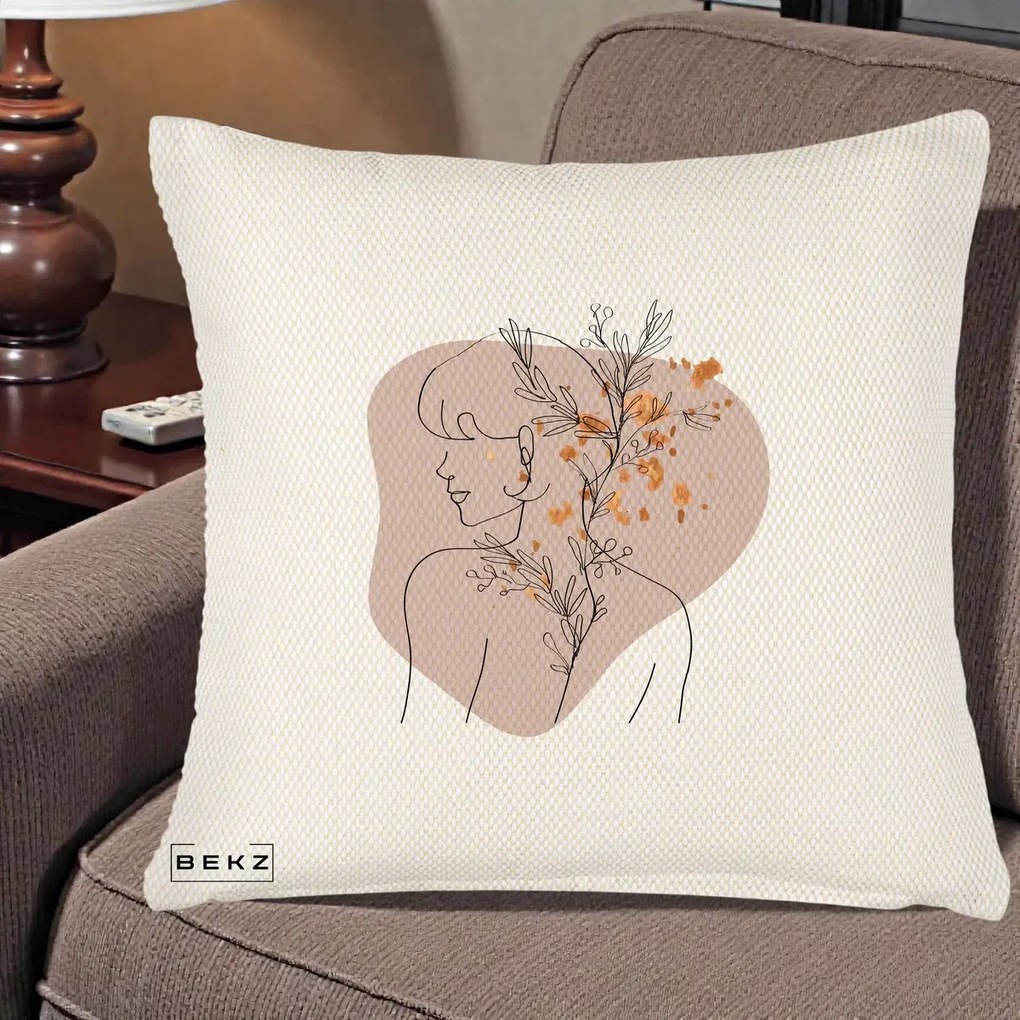 Perna Decorativa Femeie cu Flori Line Art Boho, 40x40 cm, Crem Reliefat, Husa Detasabila, Perna Inclusa, BEKZ®