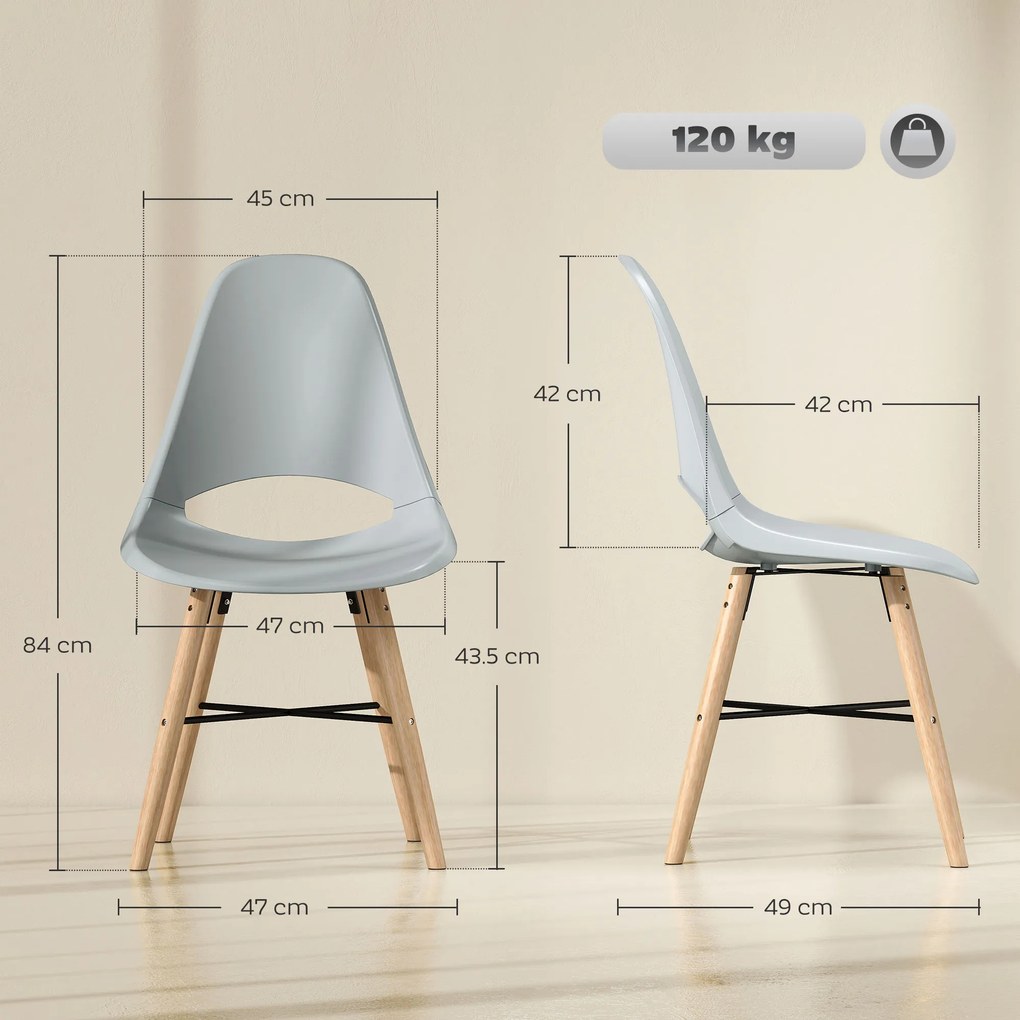 HOMCOM Set 2 Scaune de Bucătărie din Plastic și Lemn, Stil Nordic, Gri | Aosom Romania
