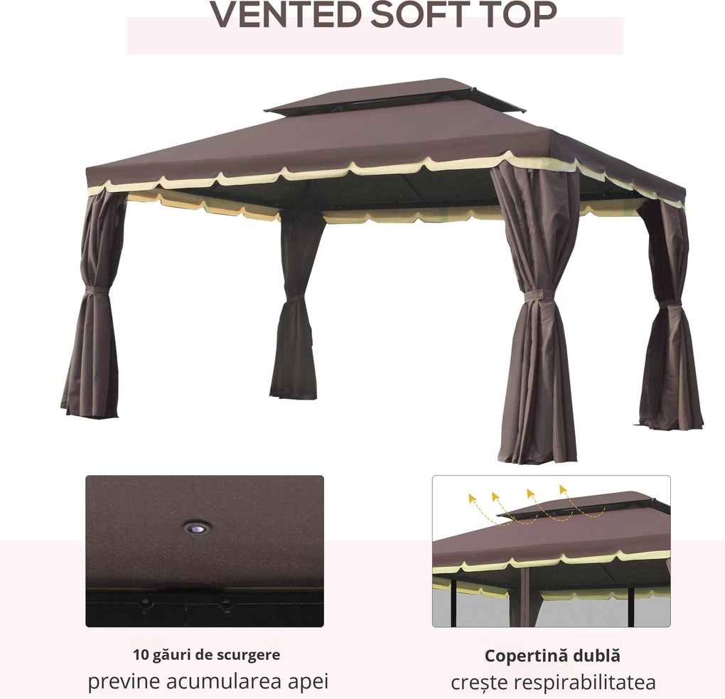 Outsunny Foisor Gradina pliabil cu Plasa de tantari si Acoperis dublu,3x4m Cafeniu | Aosom Romania