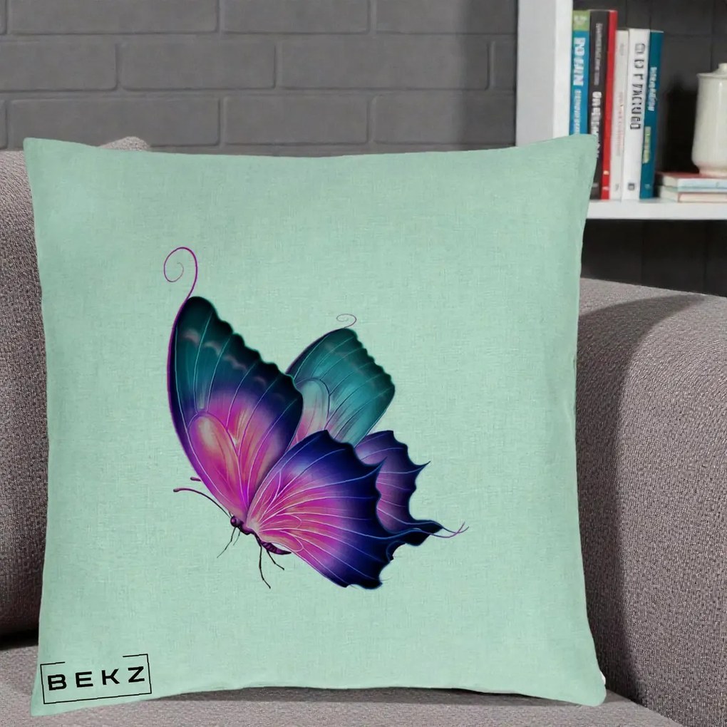 Perna Decorativa Fluture Neon, 40x40 cm, Verde Menta, Husa Detasabila, Perna Inclusa, BEKZ®