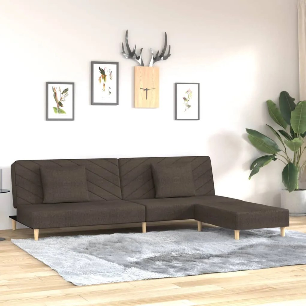 3081811 vidaXL Canapea extensibilă 2 locuri, 2 perne și taburet, maro, textil
