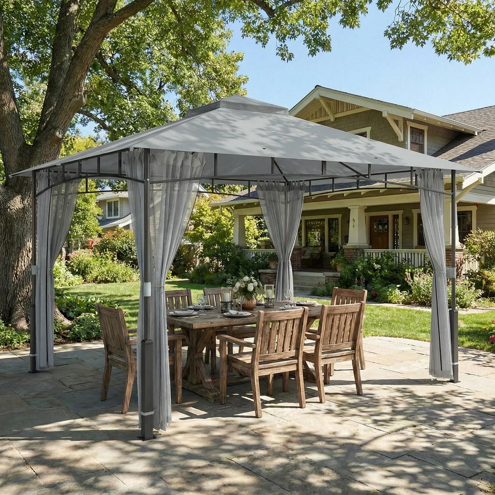 Outsunny Cort pentru Grădină cu Acoperiș Dublu Foișor cu Pereți din Plasă UPF50+ pentru Exterior Terasă 360x300x275 cm Gri | Aosom Romania