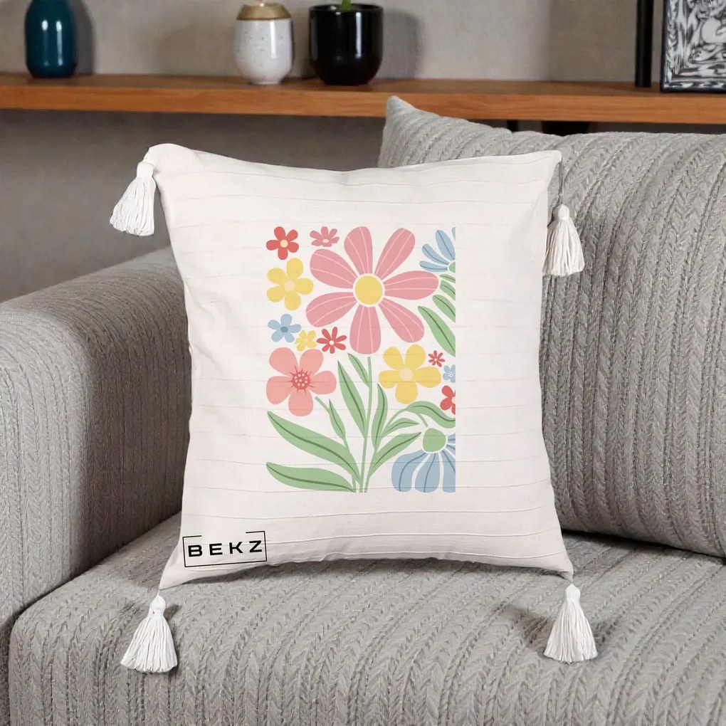 Perna Decorativa Flori Grafice Roz Pastel, 40x40 cm, Bej cu Franjuri, Husa Detasabila, Perna Inclusa, BEKZ®
