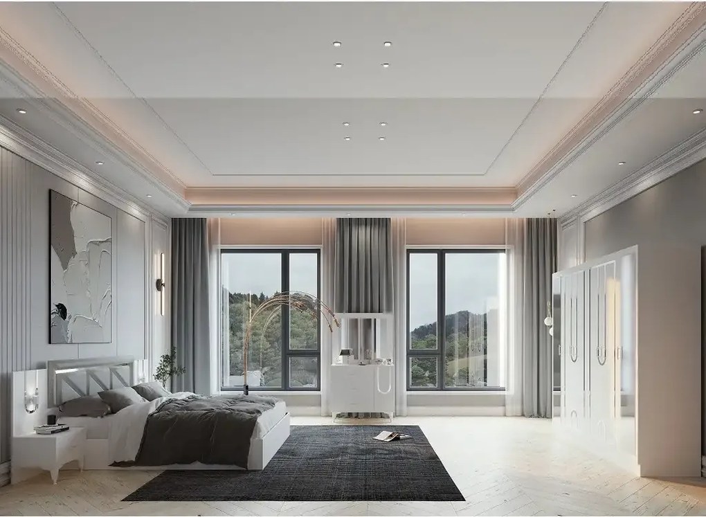 Dormitor Carolina, sifonier, comoda, noptiera, pat cu lada Homs, alb, 220x210x50 cm