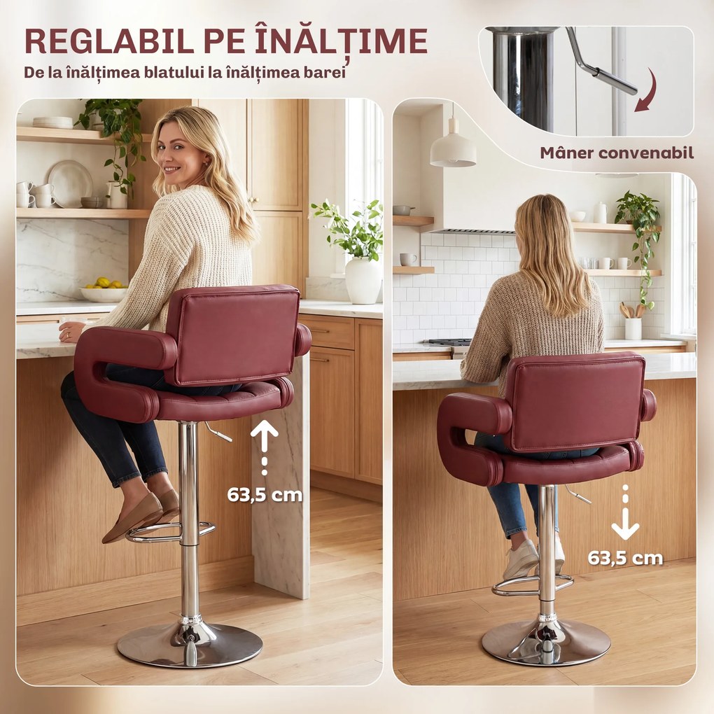 HOMCOM Scaun de Bar cu Înălțime Reglabilă, Scaun de Bucătărie Înalt din PU cu Spătar, Suport pentru Picioare, Cotiere și Șezut Confortabil, Structură Metalică, Rotativ la 360°, pentru Insulă, Roșu Vin | Aosom Romania
