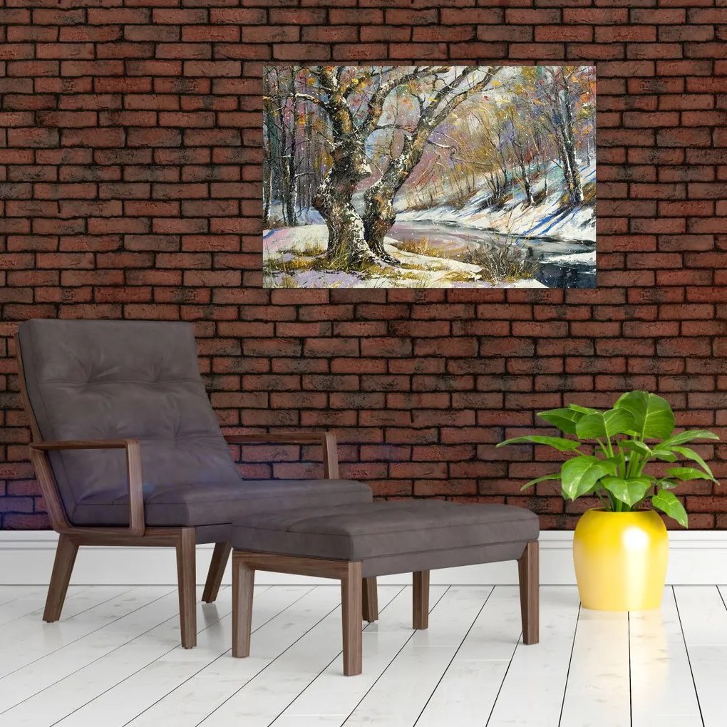 Tablou cu peisaj de iarnă pictat (90x60 cm)