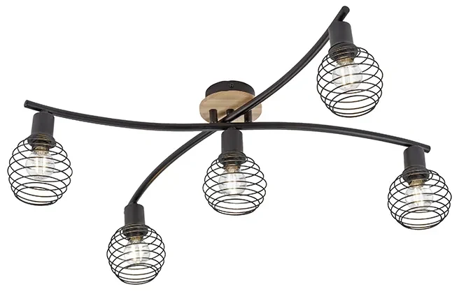 Plafoniera de design neagra cu lemn 5 lumini - Winsten