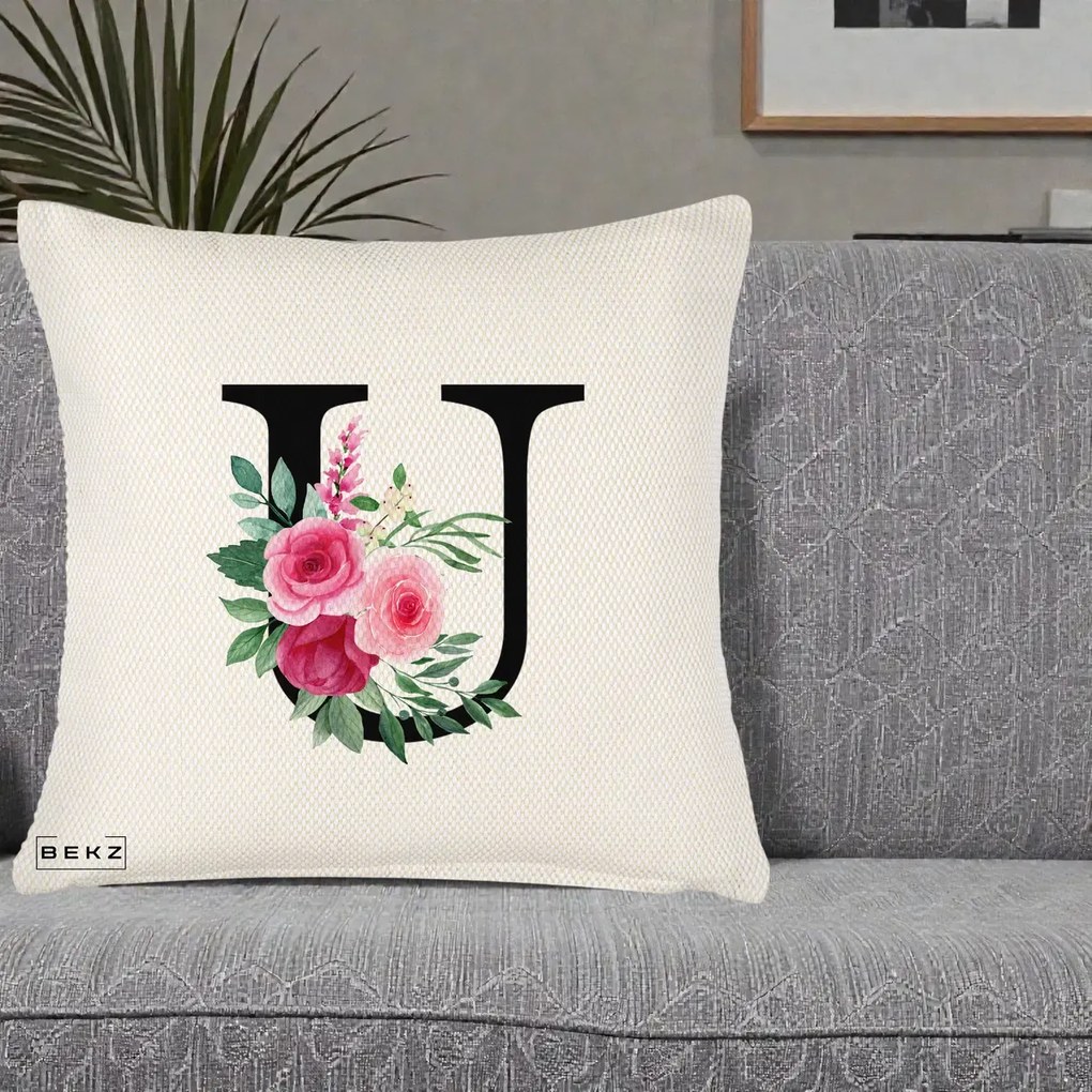 Cadou Personalizat - Perna Personalizata Monograma Florala Litera U, 40x40 cm, Crem Reliefat, Husa Detasabila, Perna Inclusa, BEKZ®