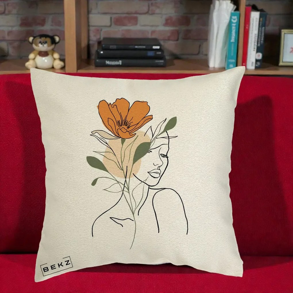 Perna Decorativa Portret Feminin Floare Portocalie, 40x40 cm, Ecru, Husa Detasabila, Perna Inclusa, BEKZ®