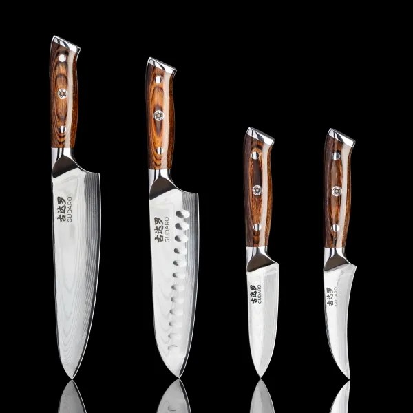 Gudaro - Cuțit de bucătărie Santoku din oțel Damasc FENG 7,5", cu 67 de straturi de oțel, lungime 18 cm