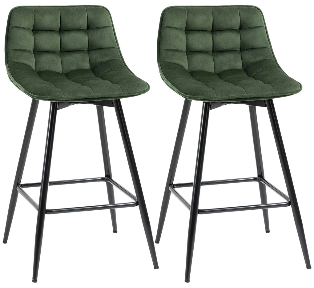 Set de 2 scaune de bar HOMCOM cu spatar, tapitate, stil nordic, metal, catifea, verde, 45x47x88cm | Aosom Romania