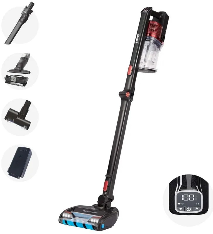 Aspirator vertical Ninja IZ300EUT, 309W, 0.7 l, 3 viteze, Autonomie pana la 60 min, HEPA, LED Smart display, Perie cu lumina, Negru / Rosu