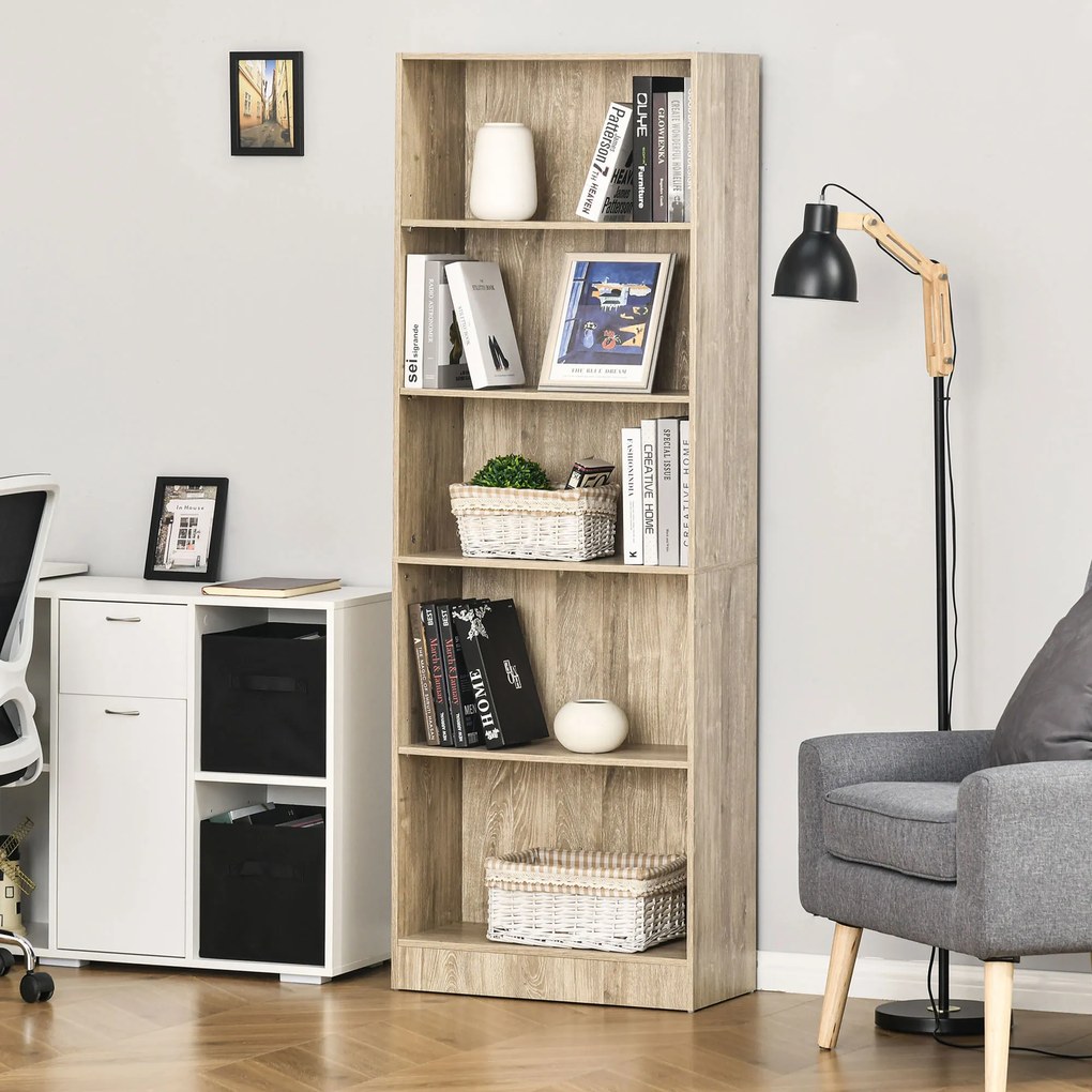 HOMCOM Bibliotecă Etajeră cu 5 Niveluri pentru Cărți cu 3 Rafturi Reglabile Antirăsturnare Depozitare pentru Living Birou Studiu 63x29,5x176 cm Lemn Natural | Aosom Romania