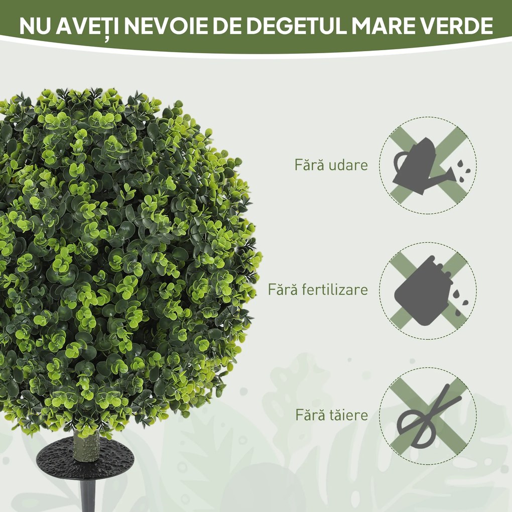 HOMCOM Set 2 Plante Artificiale de Buxus de 40 cm cu Tija Integrată pentru Interior și Exterior, Verde | Aosom Romania