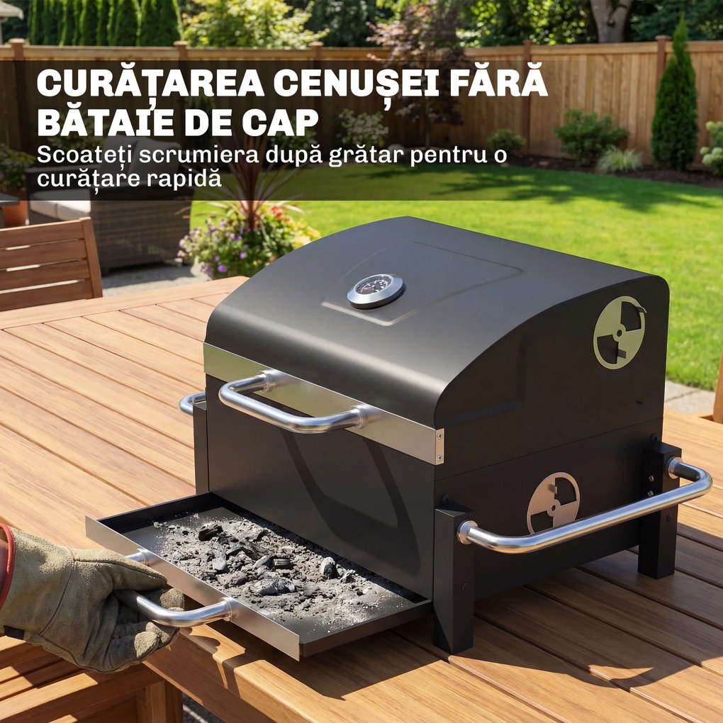 Outsunny Grătar Pe Cărbuni cu Orificii de Ventilație, Sertar pentru Cenușă, Grătar Portabil cu Termometru, Grătare, Capac, Mâner din Oțel Inoxidabil, BBQ pe Cărbuni pentru Grădină Camping, Negru | Aosom Romania