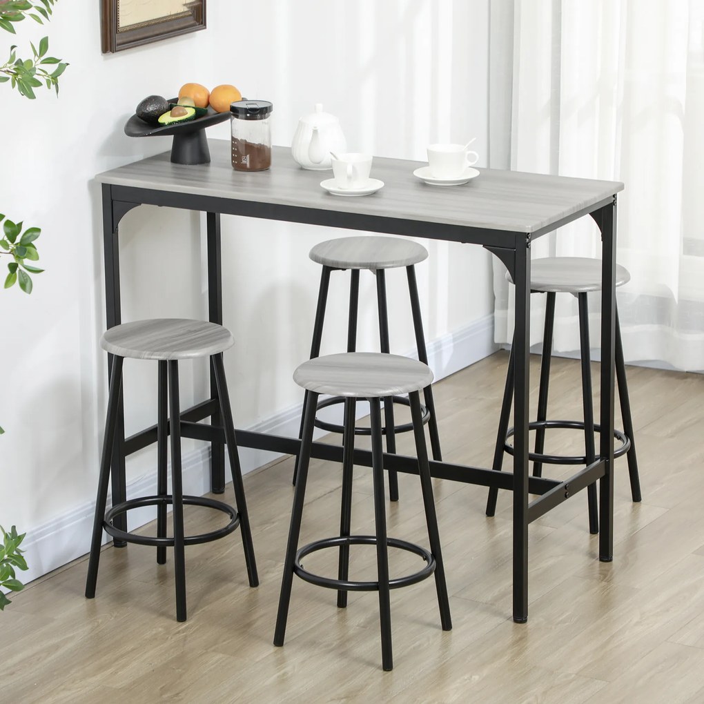 HOMCOM Set Masă de Bar și 4 Scaune cu Suport pentru Picioare, 110x50x89.5 cm, Gri | Aosom Romania