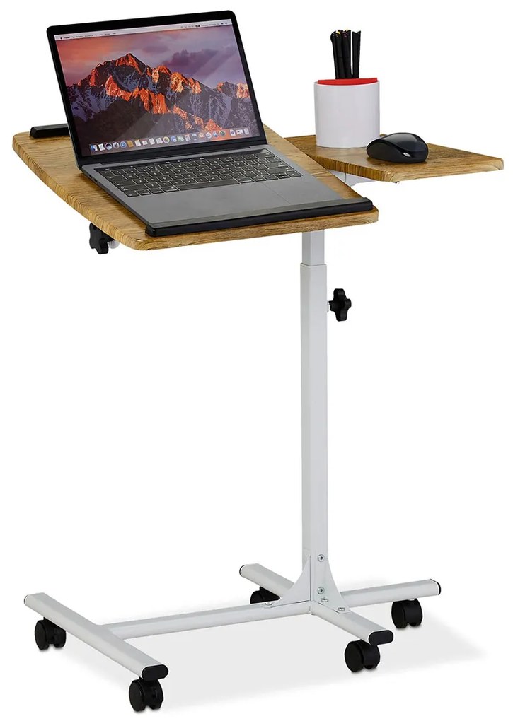 Birou  cu roti pentru laptop picior metalic blat laptop ajustabil/mobil  blat fix separat pentru accesorii  Lemn Natur