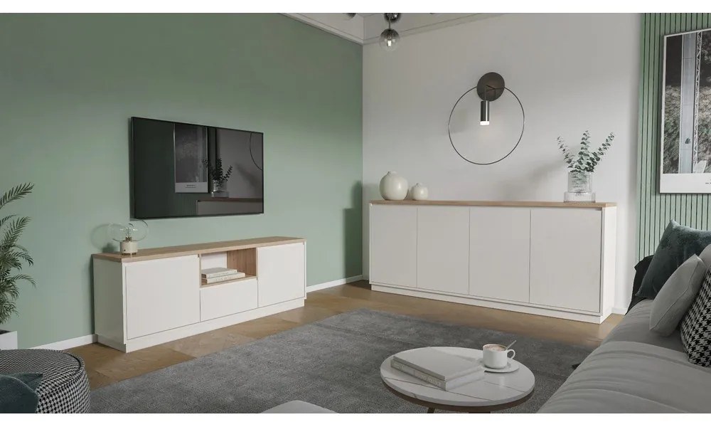 Comodă TV bej cu aspect de lemn de stejar 161x55x40 cm Loreta – Marckeric